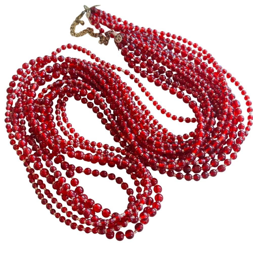 VTG Iconic Red Beaded Necklace Multi Poured Art Glass Beads Gripoix? French Long